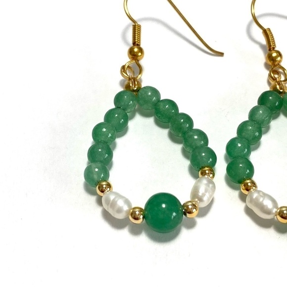 Earrings Dangles Drops Jadeite Pearls Green Artisan Gold Tone - Picture 6 of 7